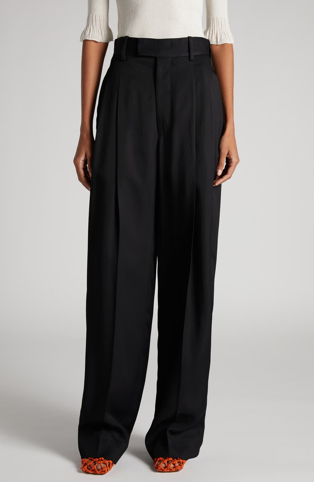 Pleated Viscose & Mulberry Silk Twill Straight Leg Trousers, color, 1000 BLACK