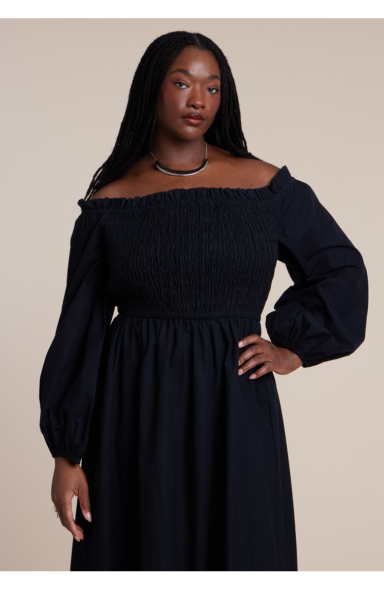 ELOQUII Long Sleeve Smocked Maxi Dress, Alternate, color, Black Onyx