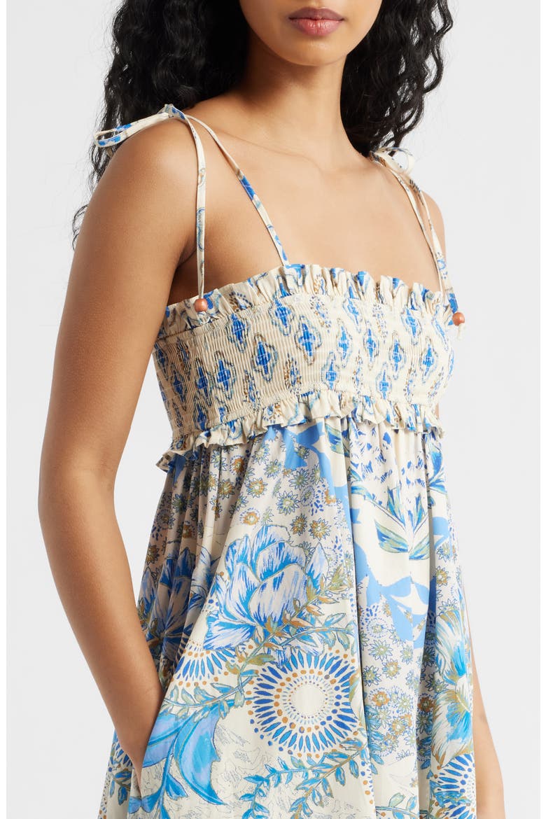 Print Smocked Bodice Tie Shoulder Maxi Dress, Alternate, color, WHITE/ BLUE