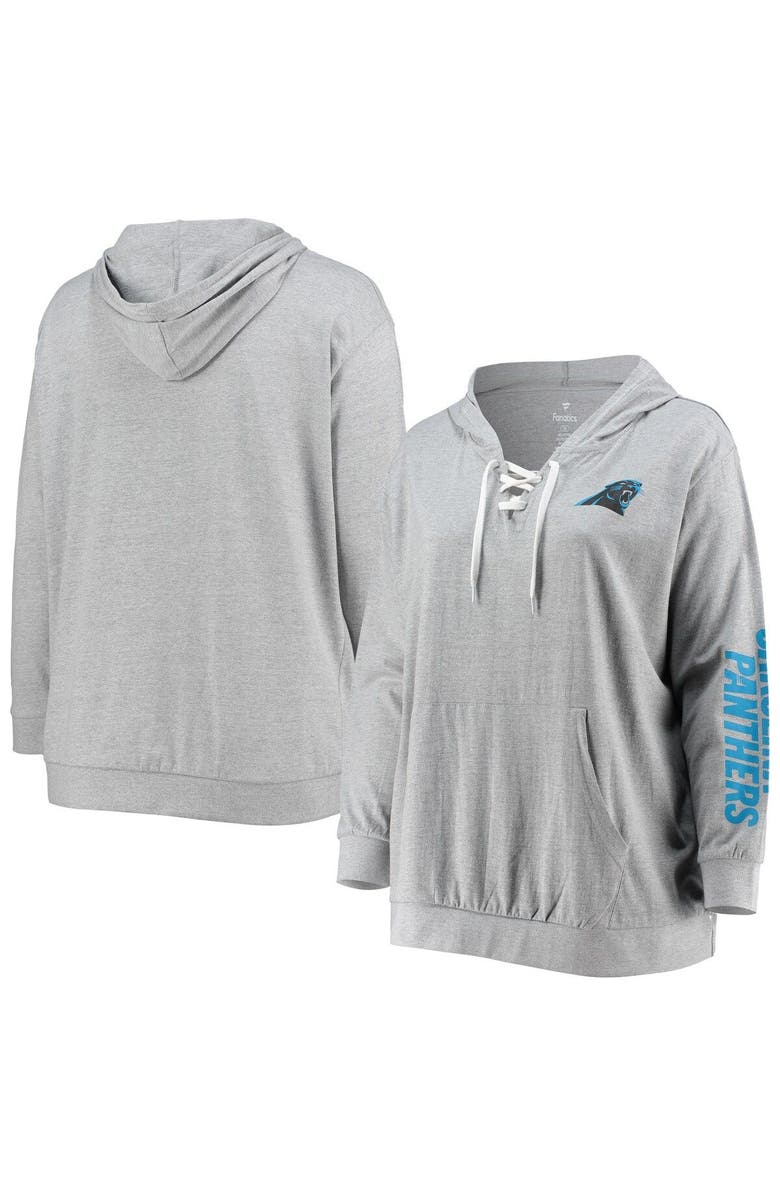 FANATICS Women's Fanatics Branded Heathered Gray Carolina Panthers Plus Size Lace-Up Pullover Hoodie, Main, color, 