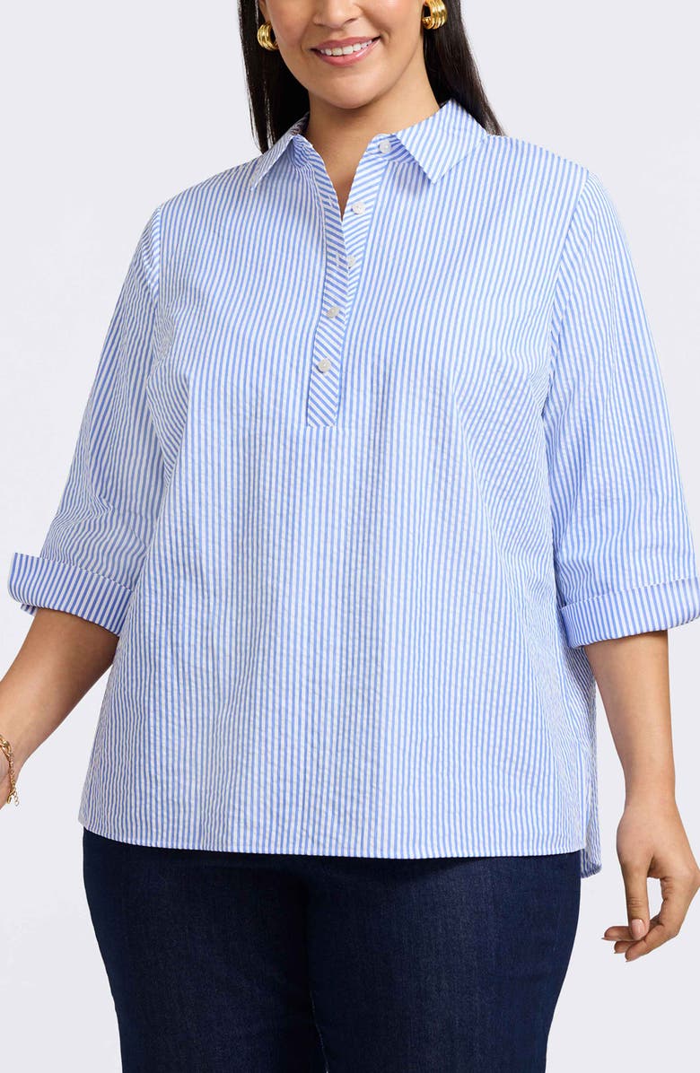 Foxcroft Therese Stripe Button Back Cotton Seersucker Popover Shirt, Main, color, 