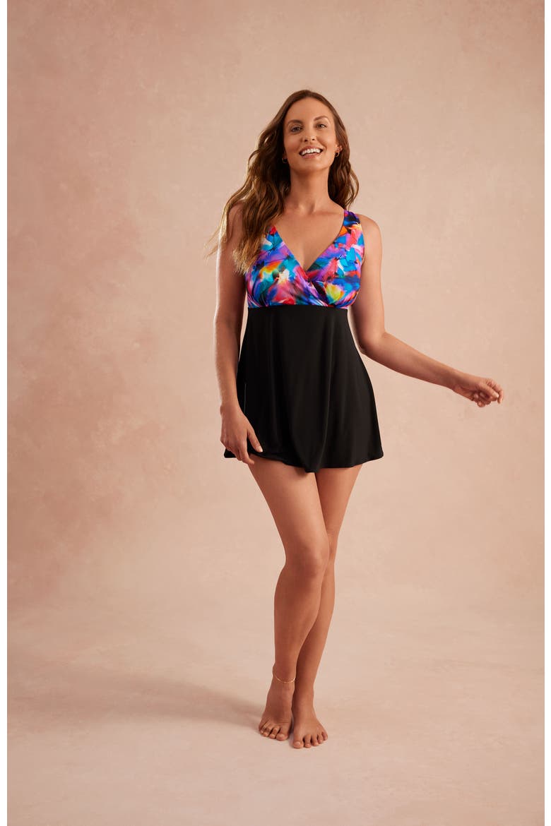 Crossover Plunge Long Torso Swim Dress, Alternate, color, Brushpainter