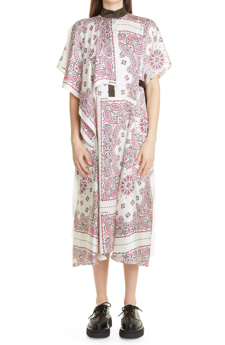 Sacai Bandana Print Asymmetric Draped Satin Midi Dress, Main, color, 