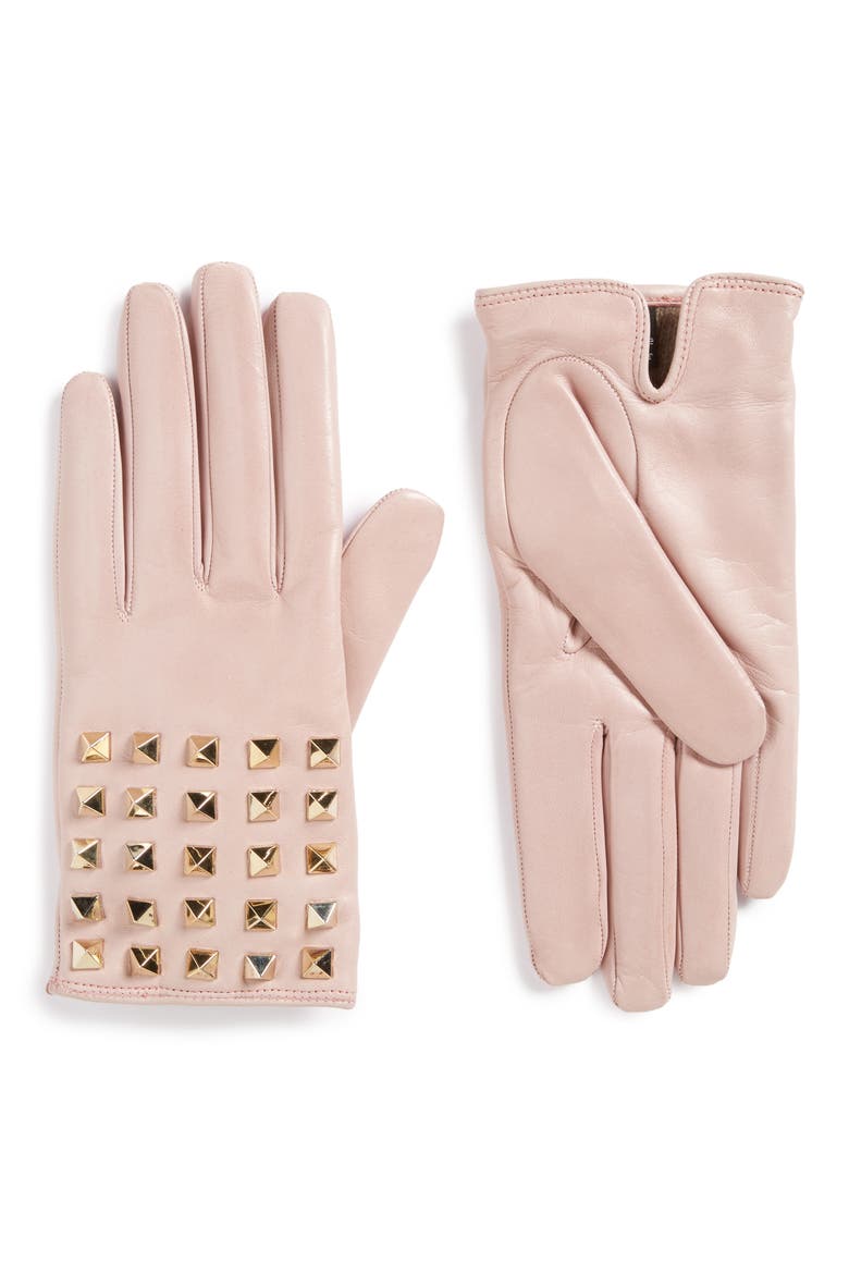 Rockstud Leather Gloves, Main, color, STONE