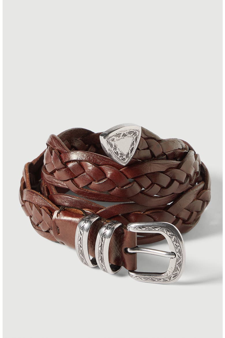 Braided calfskin belt with detailed buckle and tip, Alternate, color, Tobacco