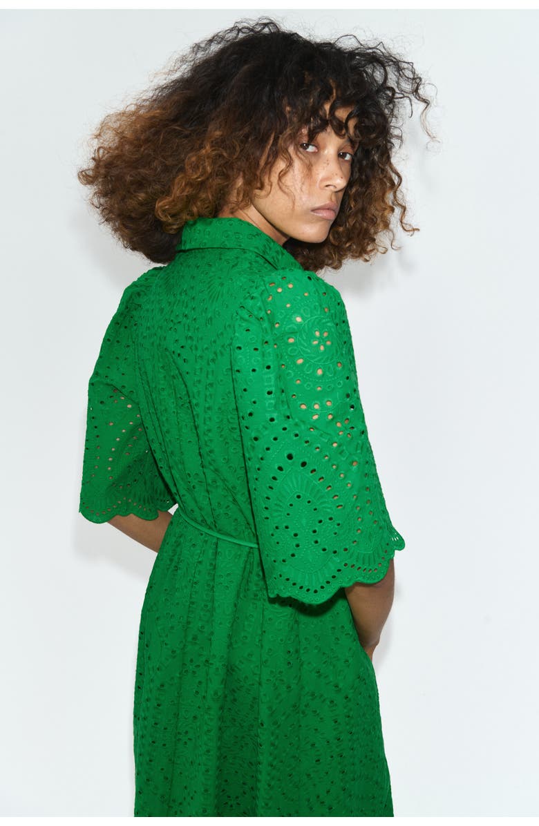 H&M Broderie-anglaise Cotton Shirt Dress, Alternate, color, Green