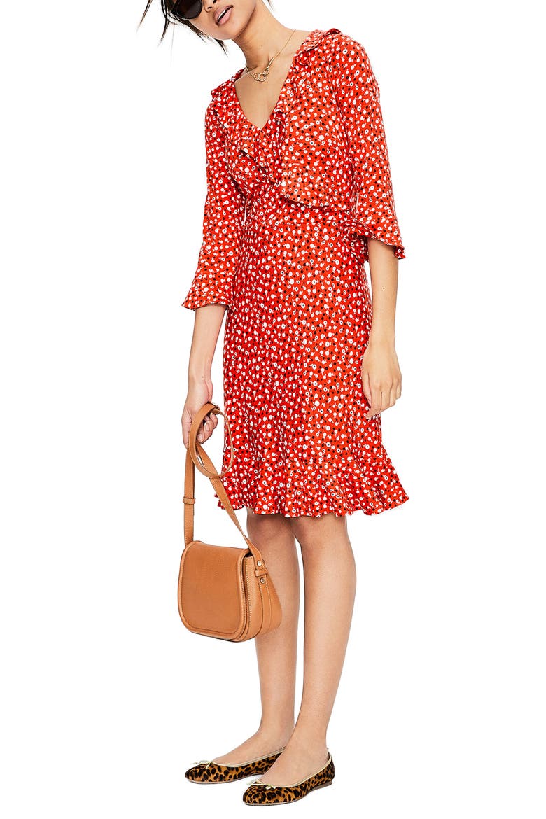 Fluted Wrap Style Stretch Jersey Dress, Main, color, ROSEHIP DAISY DITSY