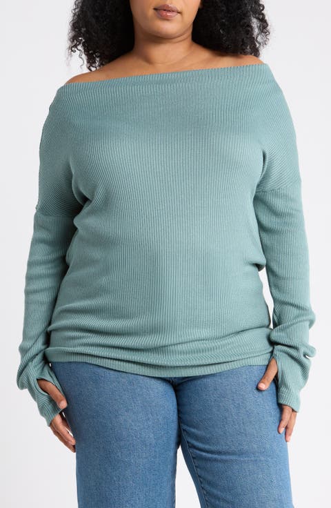 Off the Shoulder Rib Knit Long Sleeve Top