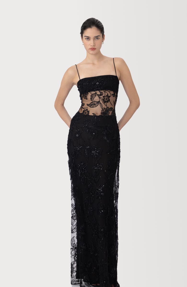 SAU LEE Adelaide Beaded Sheer Detail Gown, Alternate, color, Black
