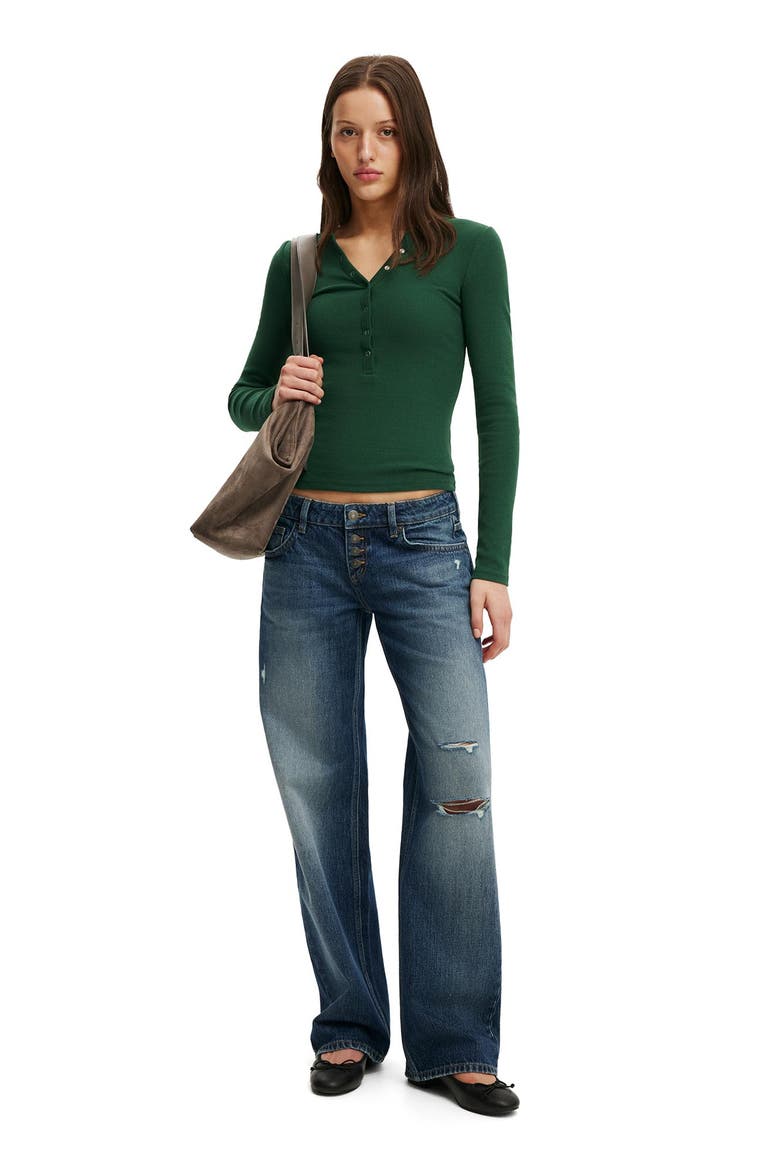 Women's Blake Rib Henley Long Sleeve, Alternate, color, Heritage Green