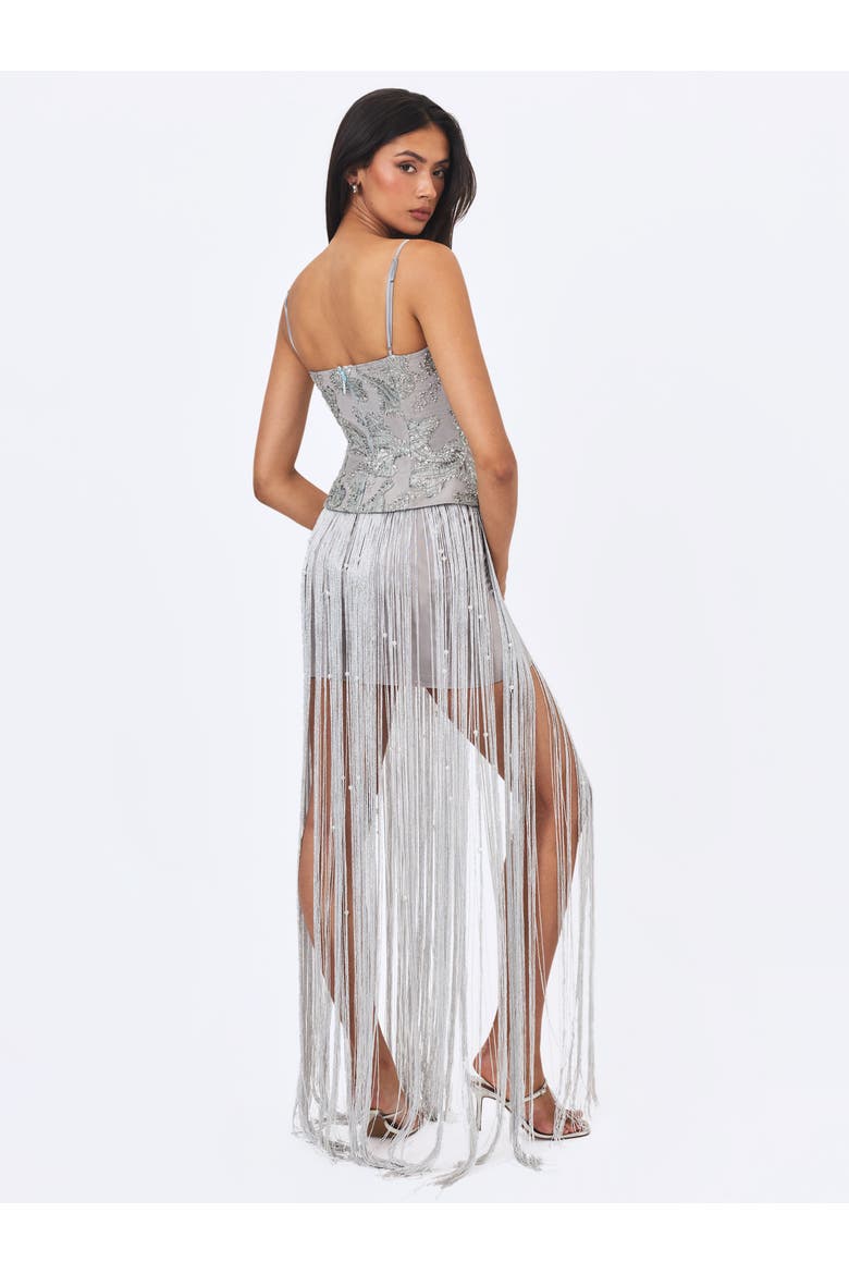 Olisa Beaded Peplum Tassel Maxi Dress, Alternate, color, Silver