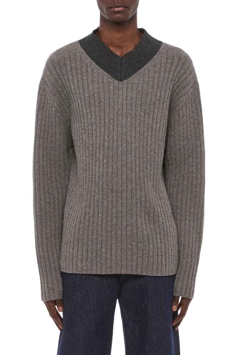 Contrast V-Neck Wool Sweater, Main, color, LIGHT GREY BICOLOR