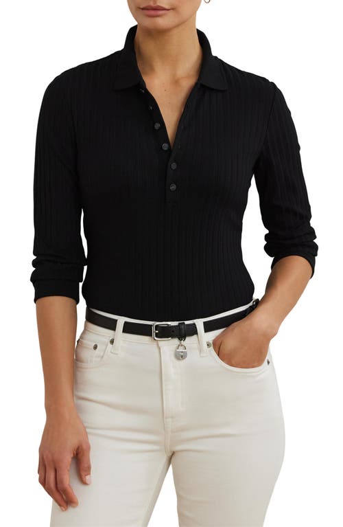 Ralph Lauren Lauren Three Quarter Sleeve Rib Polo In Black