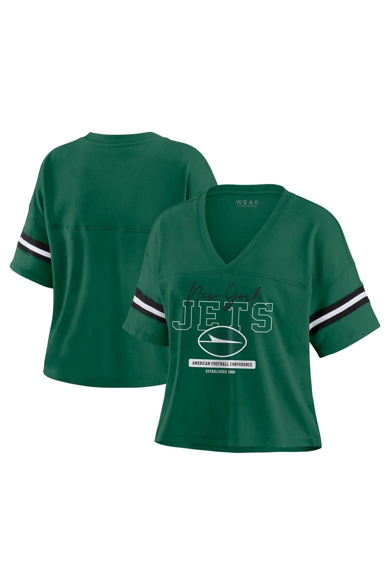 Women's WEAR by Erin Andrews Green New York Jets Color Block Boxy Modest Crop V-Neck T-Shirt, Alternate, color, Green