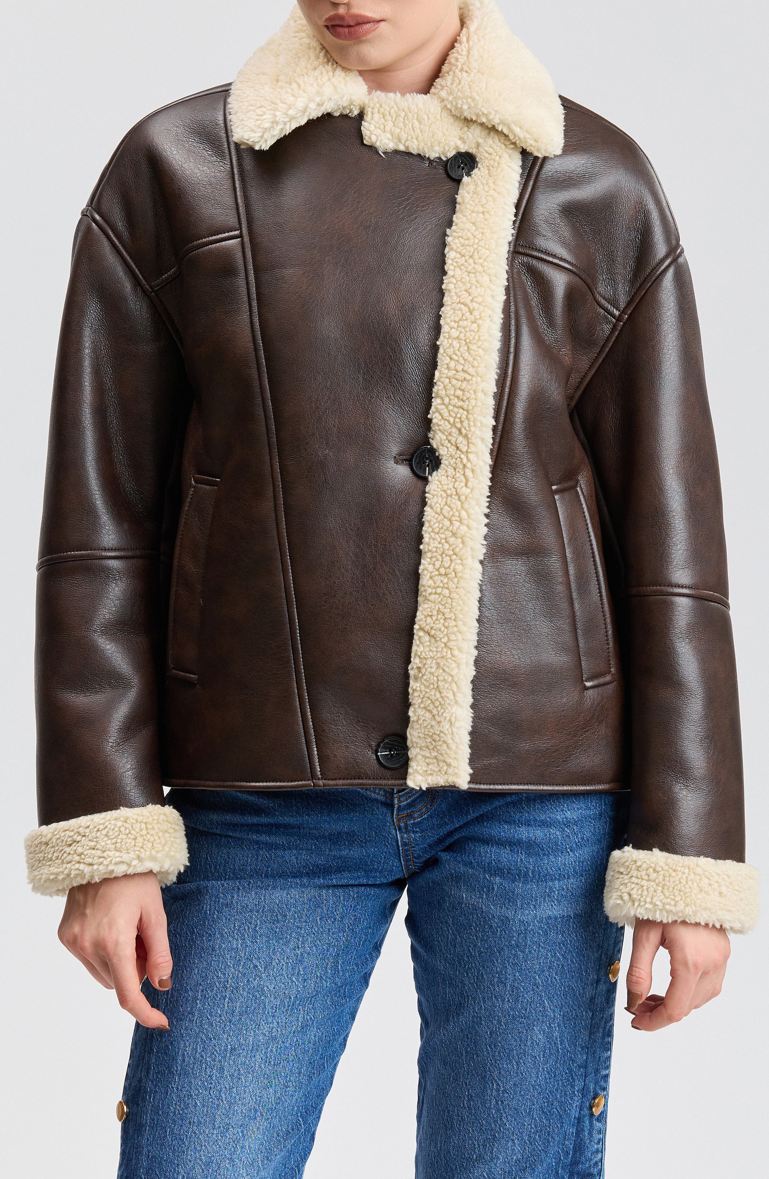 Avec Les Filles Faux Leather & Faux Shearling Notch Collar Jacket In Brown