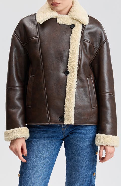Faux Leather & Faux Shearling Notch Collar Jacket