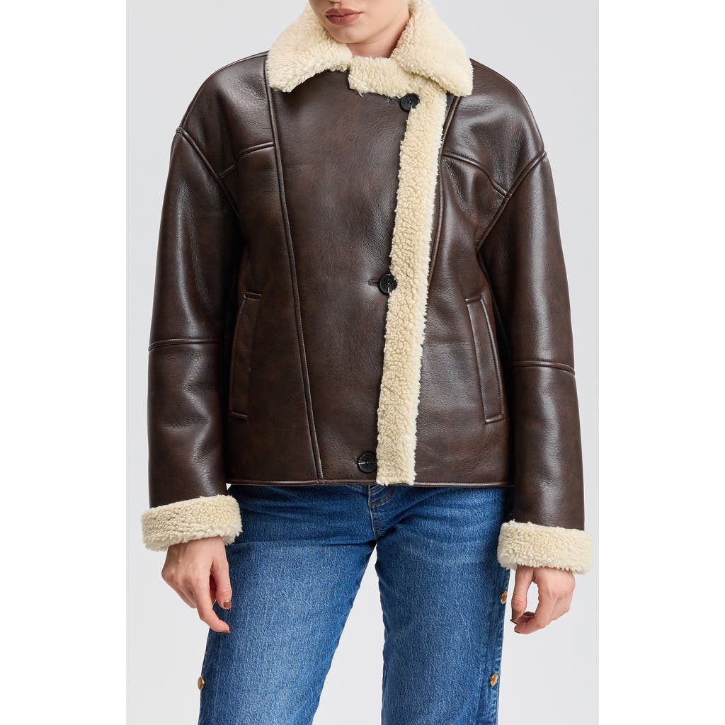 Avec Les Filles Faux Leather & Faux Shearling Notch Collar Jacket In Brown