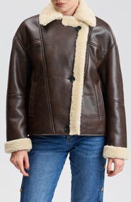 Avec Les Filles Faux Leather & Faux Shearling Notch Collar Jacket