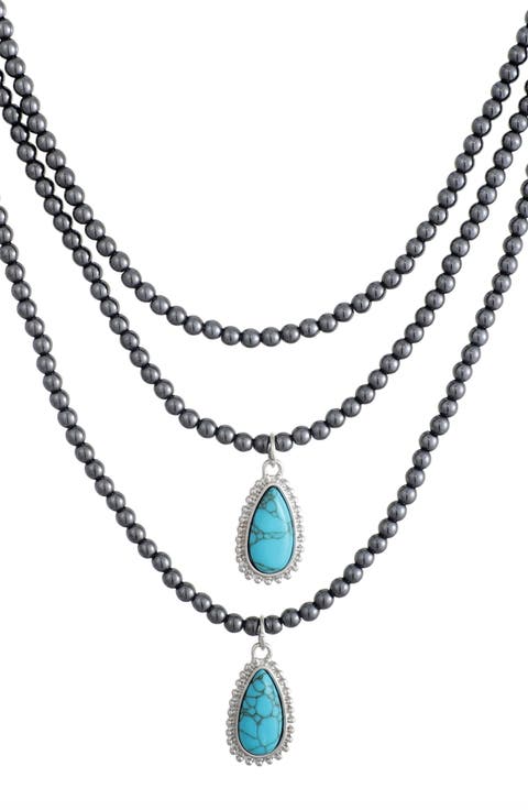 Gunmetal Tone Bead & Simulated Turquoise Layered Necklace