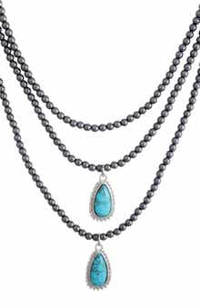 Gunmetal Tone Bead & Simulated Turquoise Layered Necklace