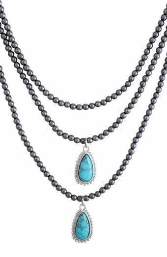 Gunmetal Tone Bead & Simulated Turquoise Layered Necklace