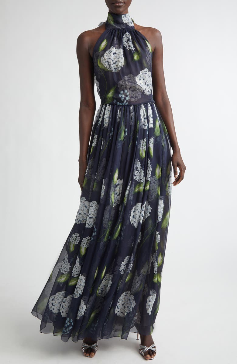 Oscar de la Renta Porcelain Flowers Pleated Silk Chiffon Gown, Main, color, Denim/ Navy