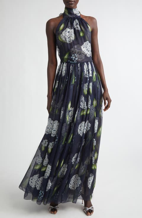 Porcelain Flowers Pleated Silk Chiffon Gown