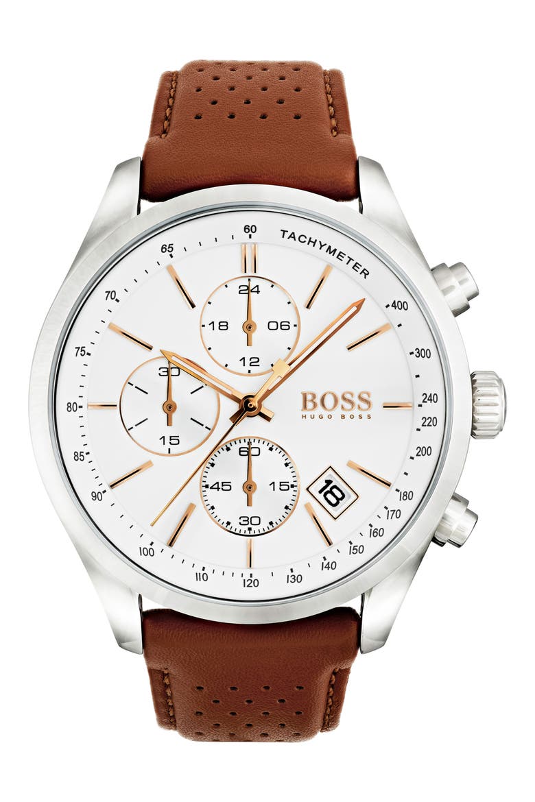 Grand Prix Chronograph Leather Strap Watch, 44mm, Main, color, BROWN/ WHITE/ SILVER