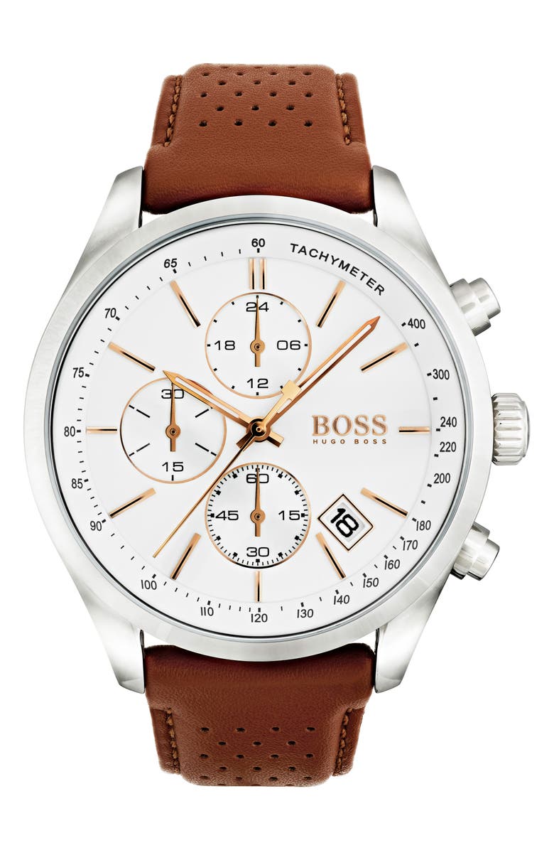 BOSS Grand Prix Chronograph Leather Strap Watch, 44mm, Main, color, 
