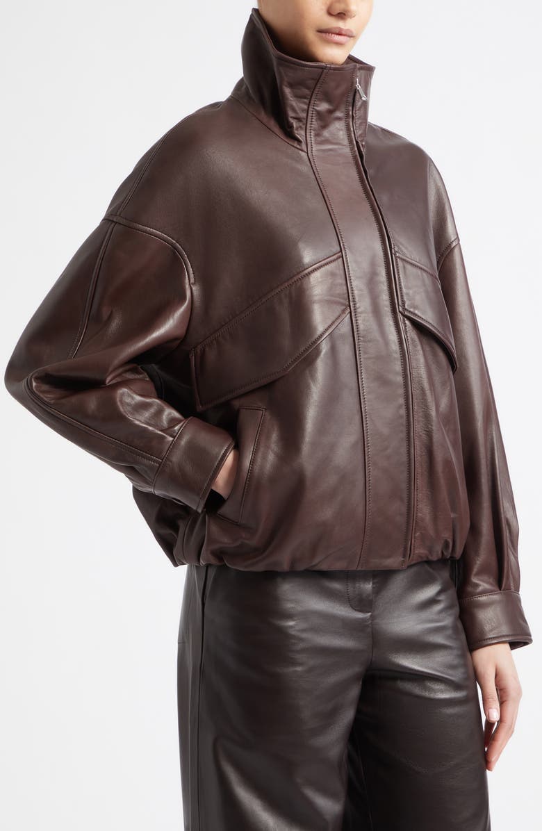 NOUR HAMMOUR Roland Sculpted Leather Bomber Jacket, Alternate, color, Brown
