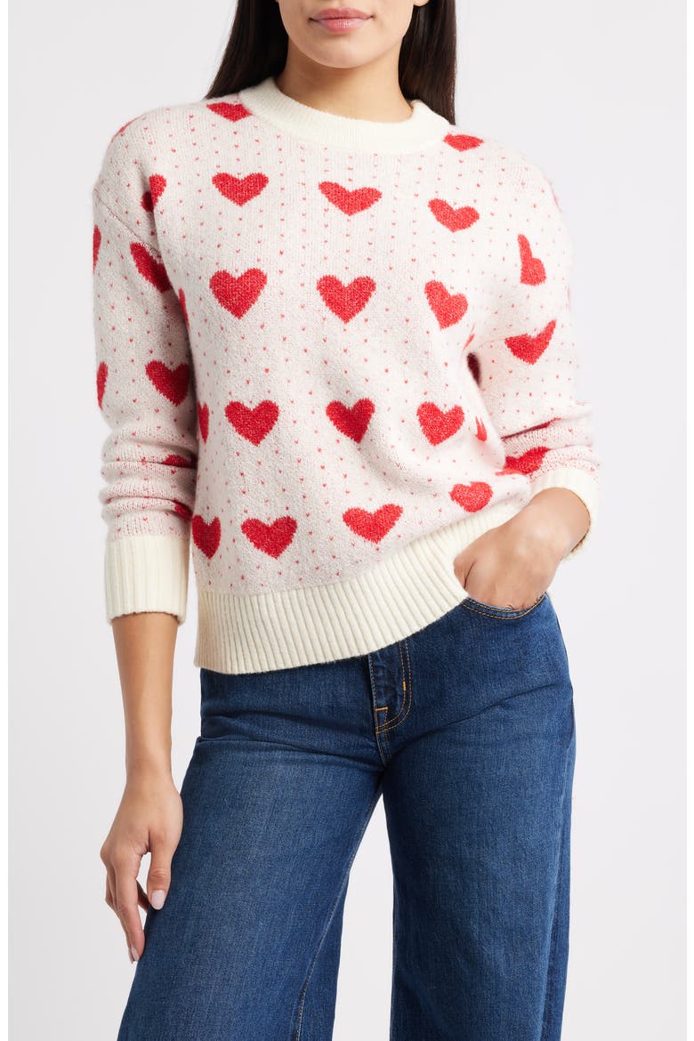 Jacquard Heart Crewneck Sweater, Main, color, IVORY PRISTINE- RED HEART