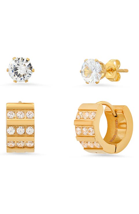 Stainless Steel Cubic Zirconia 14mm Huggie Earring - Set of 2
