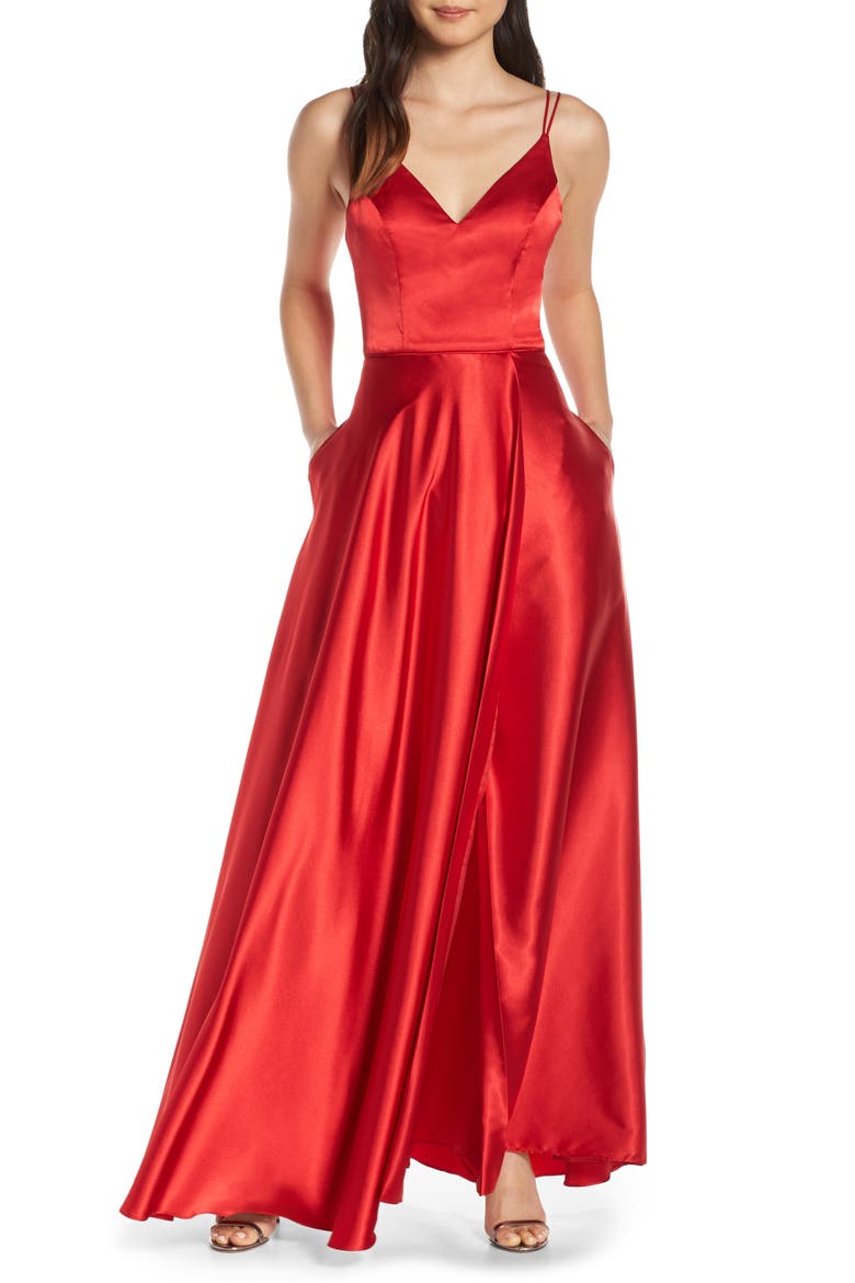 Double Strap Satin Evening Gown, Main, color, RED