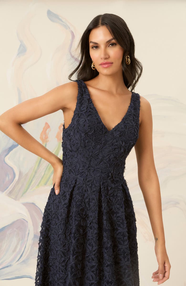 Maggy London Textured Floral Cocktail Midi Dress, Alternate, color, Navy