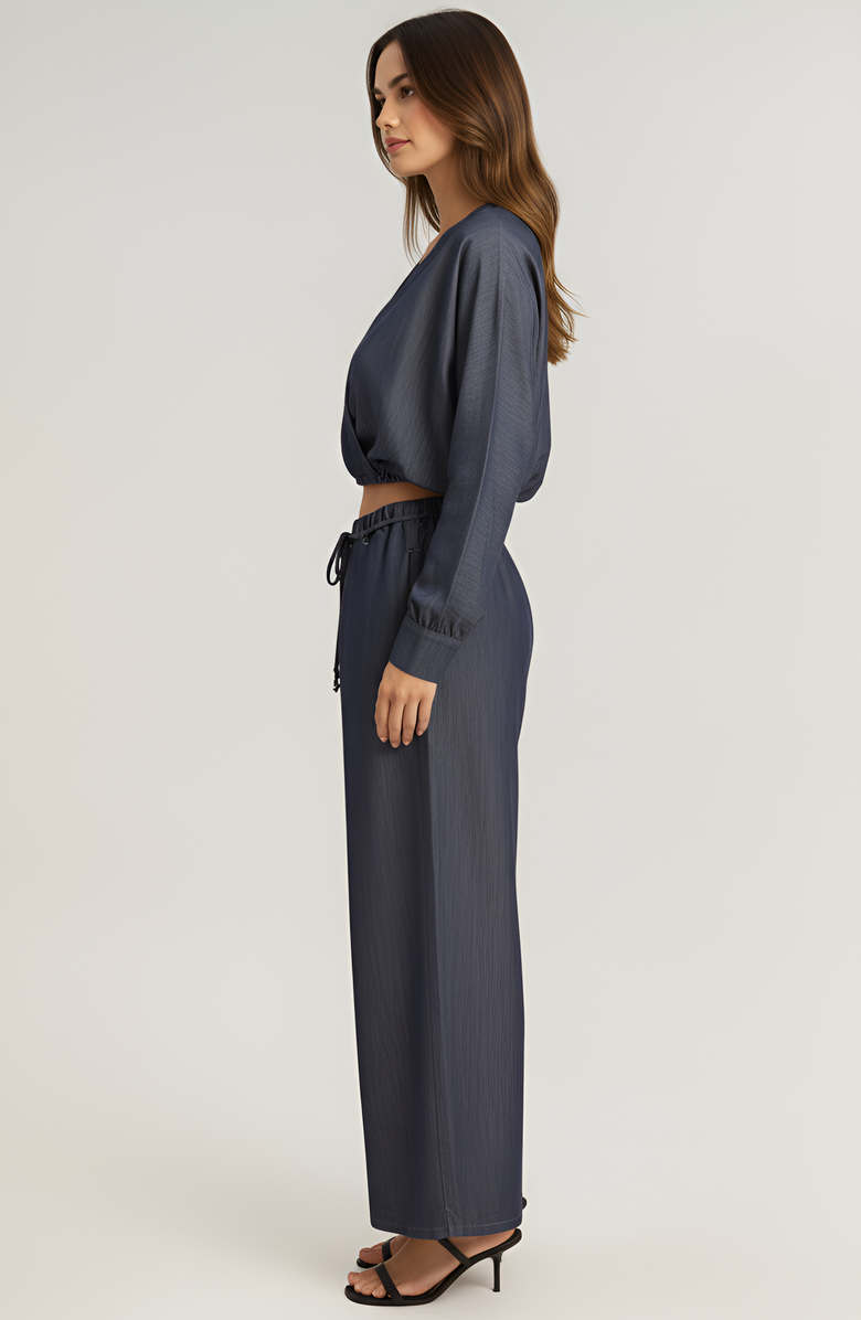 Modenaire Relaxed Drawstring Wide-Leg Collared Lounge Set, Alternate, color, Dark Blue