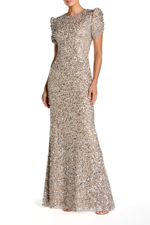 Beaded Mesh High Neck Puff Sleeve Gown