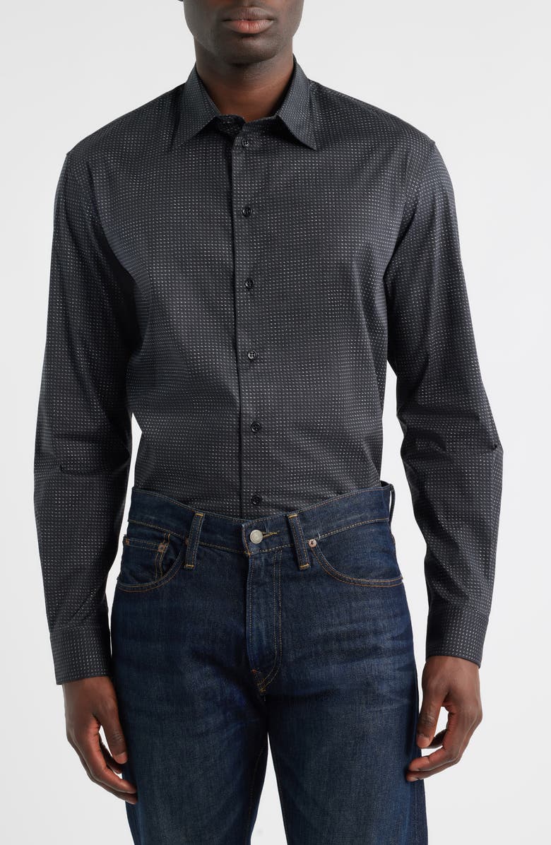Emporio Armani Micro Dash Button-Up Shirt, Main, color, Solid Black