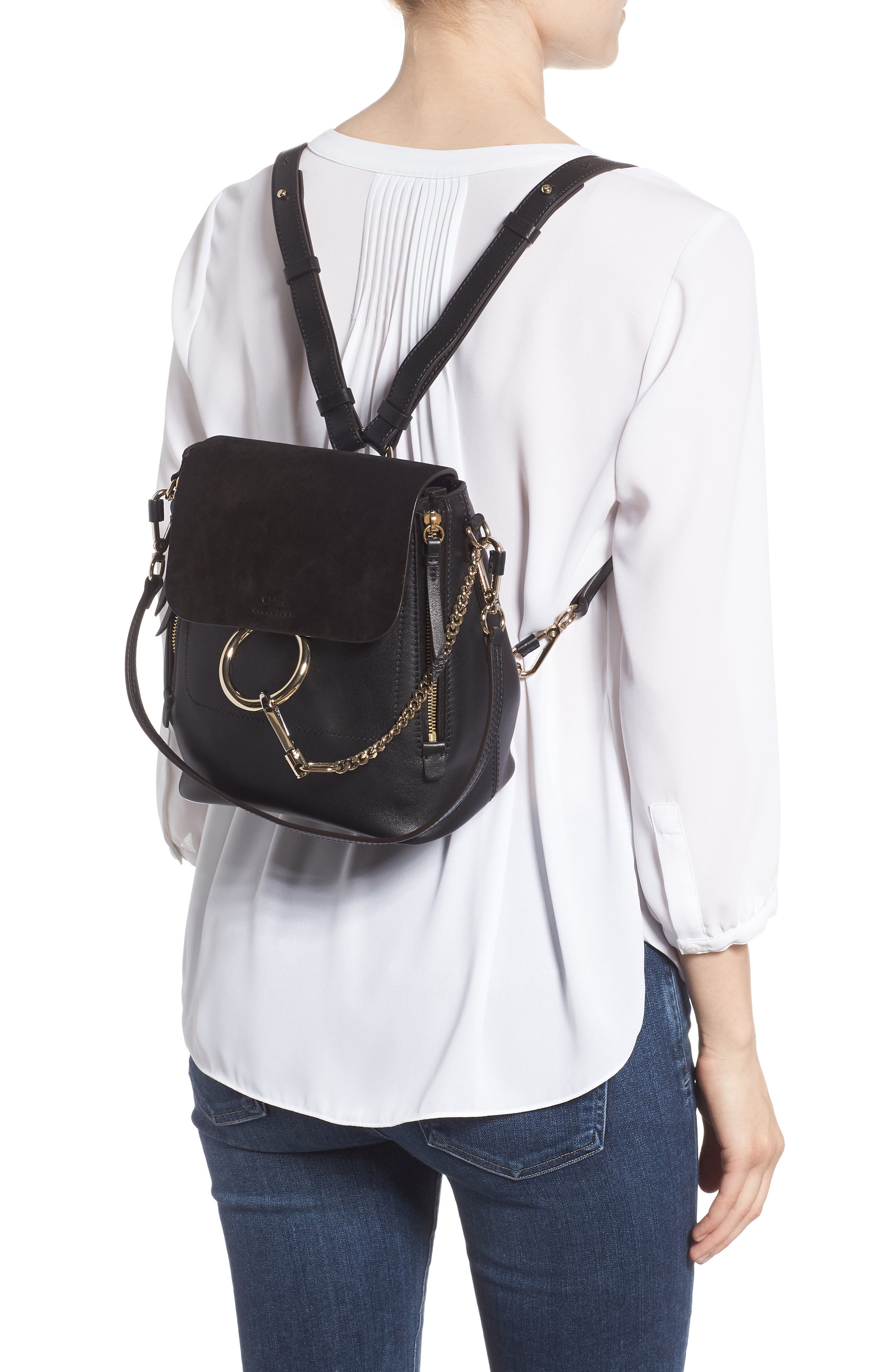 Small Faye Suede & Leather Backpack, Alternate, color, BLACK