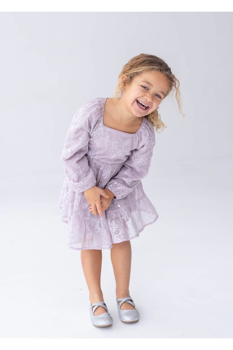 Sugarplum Sparkle Long Sleeve Floral Sequin Square Neck Tiered Dress, Alternate, color, Purple