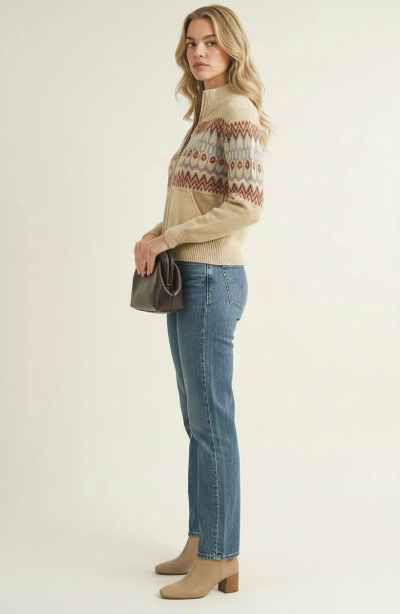 Modenaire Fair Isle Zip Cardigan with Ribbed Trim, Alternate, color, Fair Isle