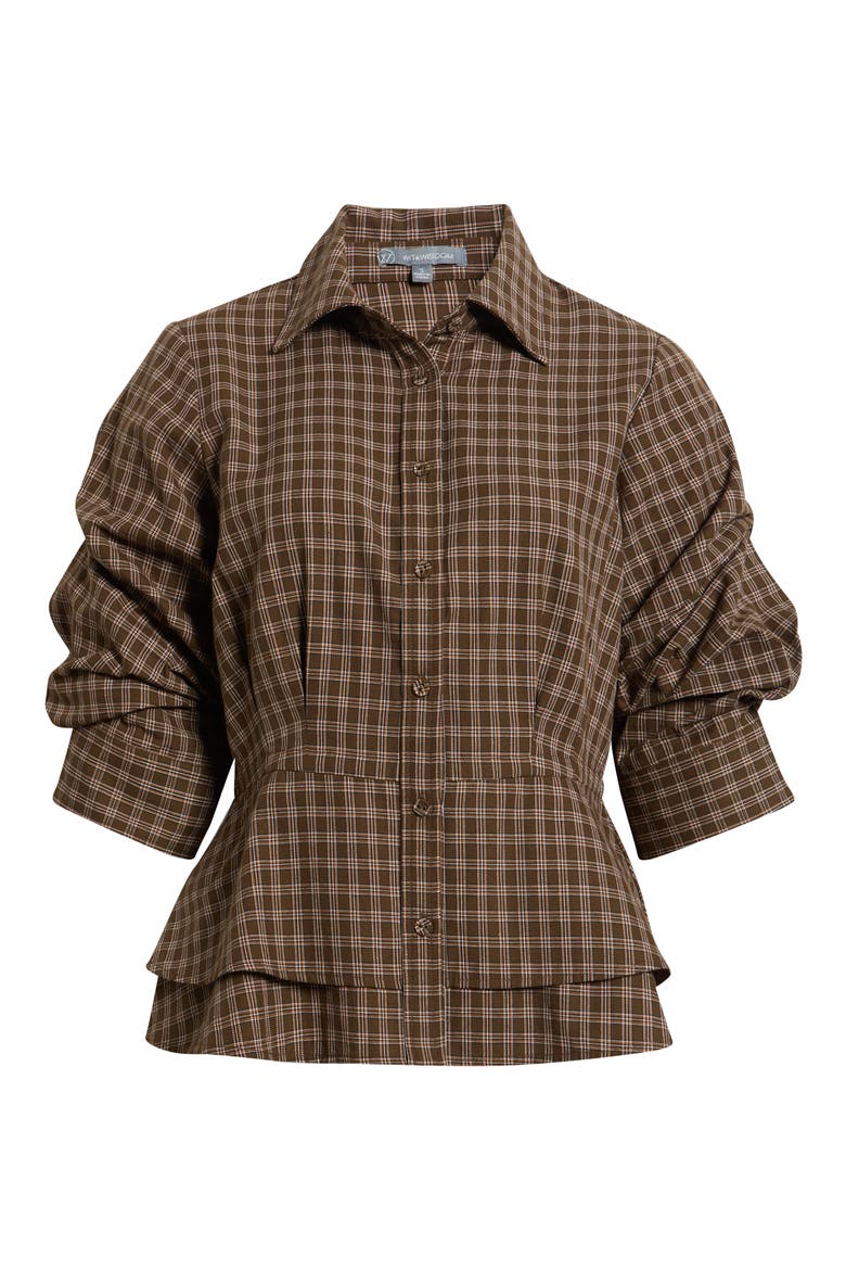 Plaid Ruched Sleeve Peplum Shirt, Main, color, COLD BREW MULTI
