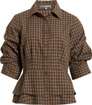 Wit & Wisdom Plaid Ruched Sleeve Peplum Shirt