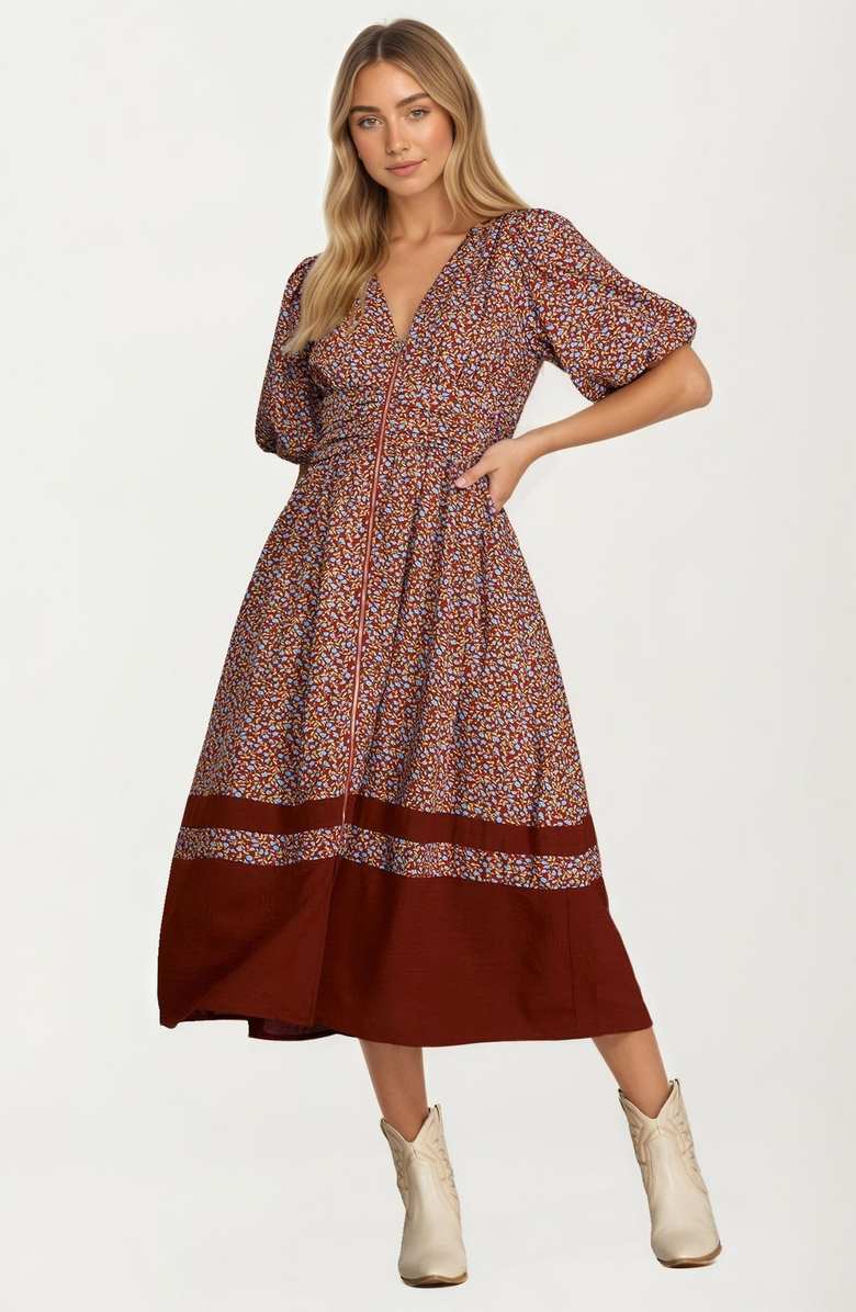 Knit and Lounge Floral Print Zip Front Midi Dress, Alternate, color, Brown / Rust Floral