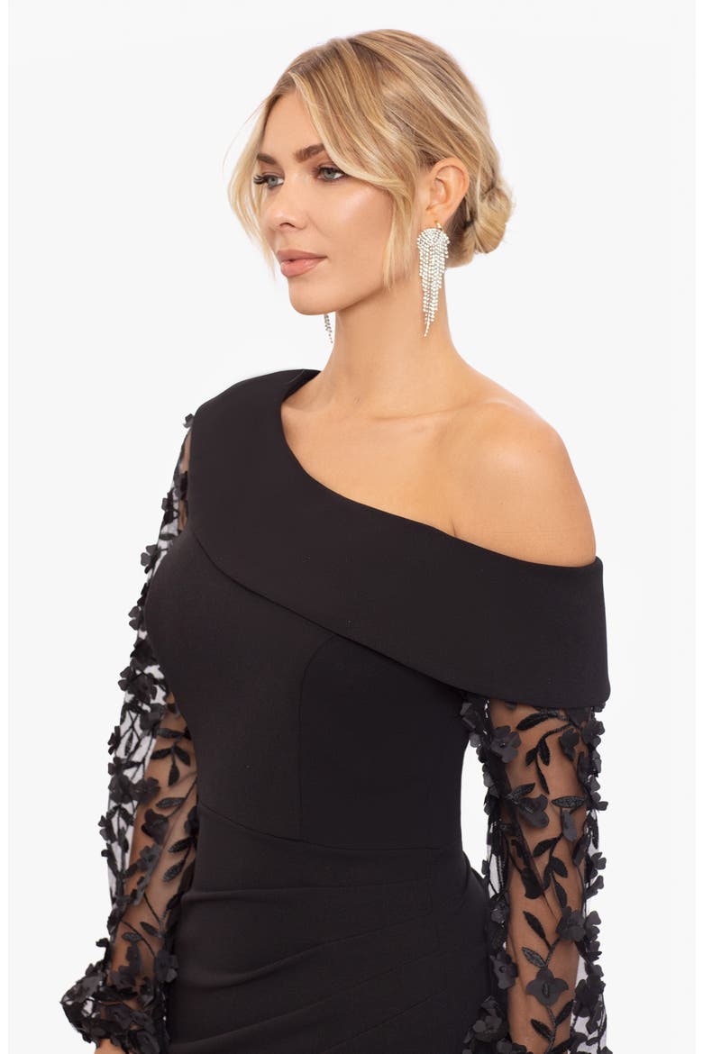 Floral Appliqué Long Sleeve Gown, Alternate, color, BLACK