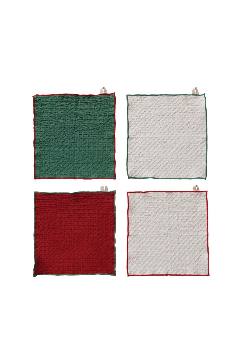 4-Piece Square Waffle Weave Dish Cloths with Colored Stitched Edge, Natural, Green and Red, Main, color, Green