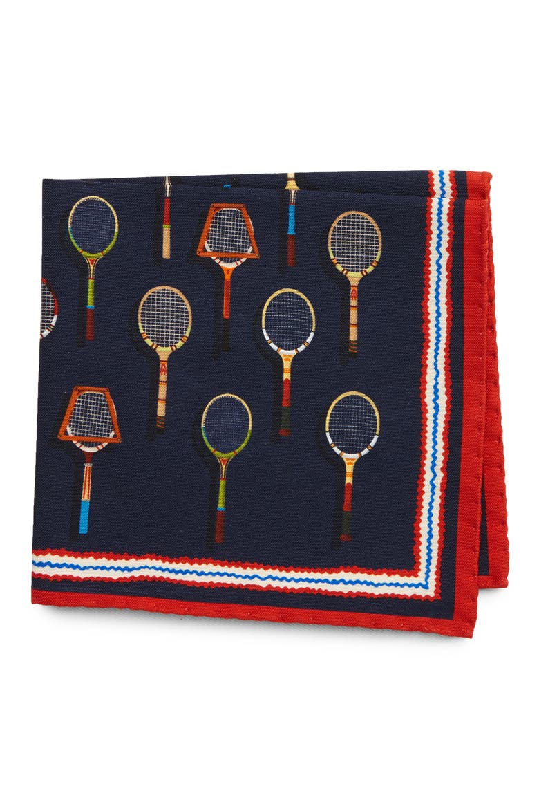 Tennis Racket Cotton & Silk Pocket Square, Main, color, BLUE