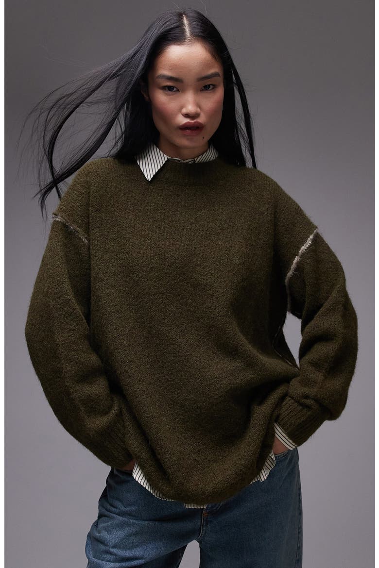 Contrast Seam Oversize Sweater, Main, color, KHAKI