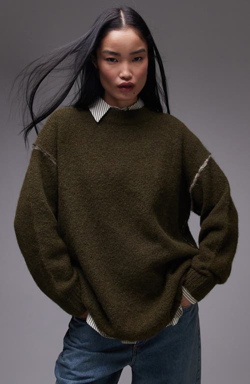 Topshop Contrast Seam Oversize Sweater in Khaki 