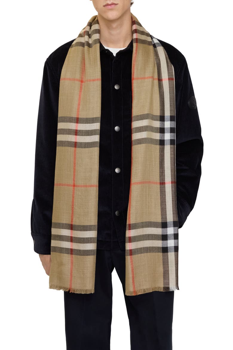 Reversible Medium Check Wool & Silk Scarf, Alternate, color, SAND/ VOLE BROWN