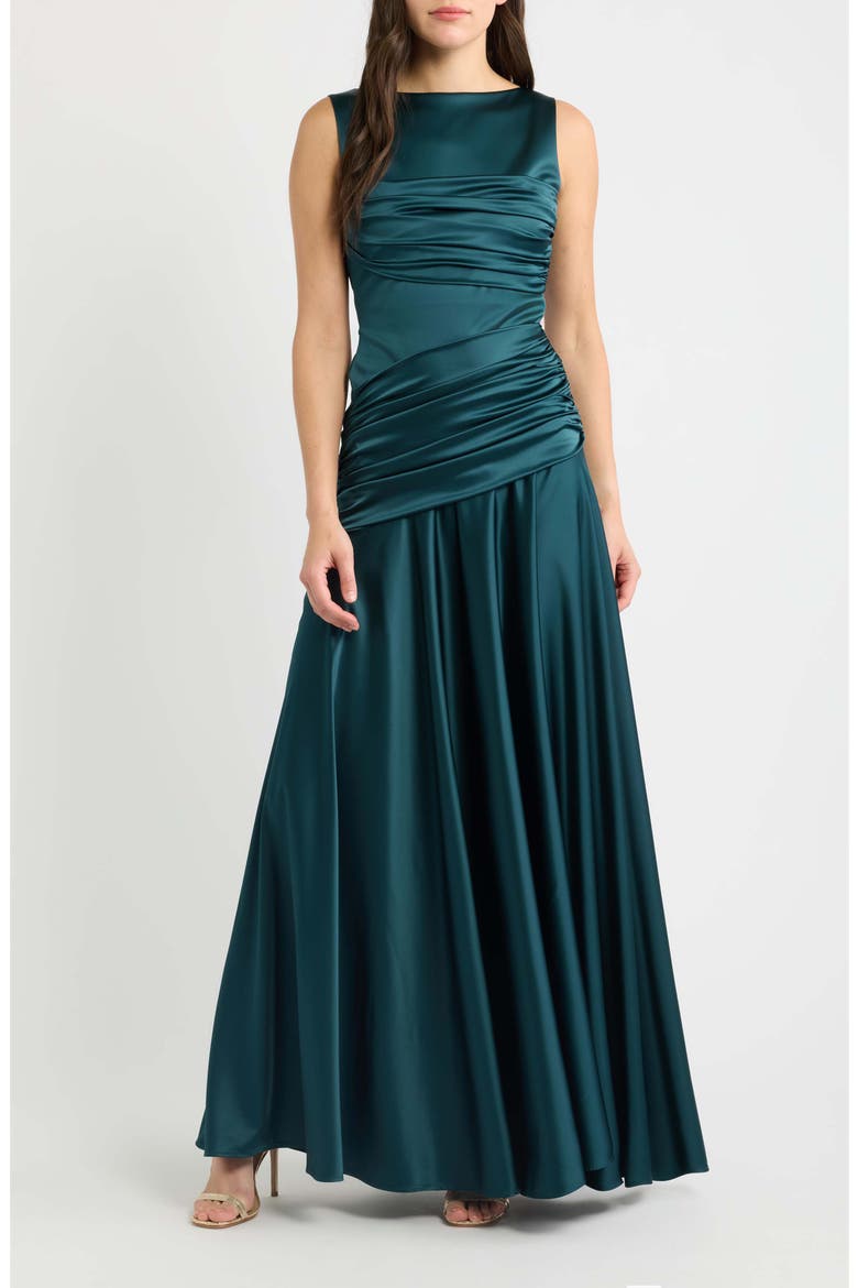 Raula Ruched Satin Gown, Main, color, 549E SHERWOOD